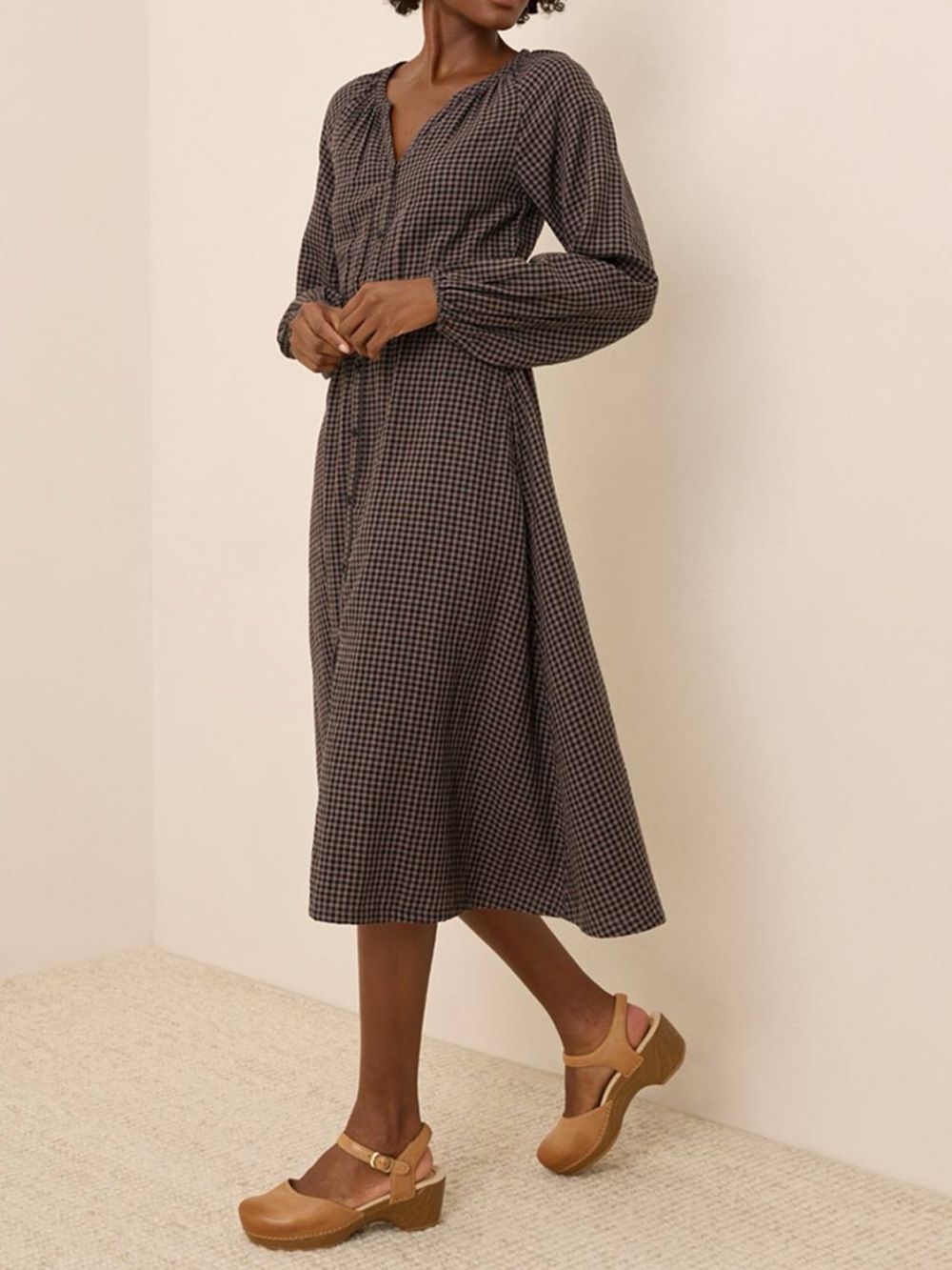 Pact Coastal Double Gauze Poet Sleeve Organic Cotton Dress Autumn Gingham Sz M